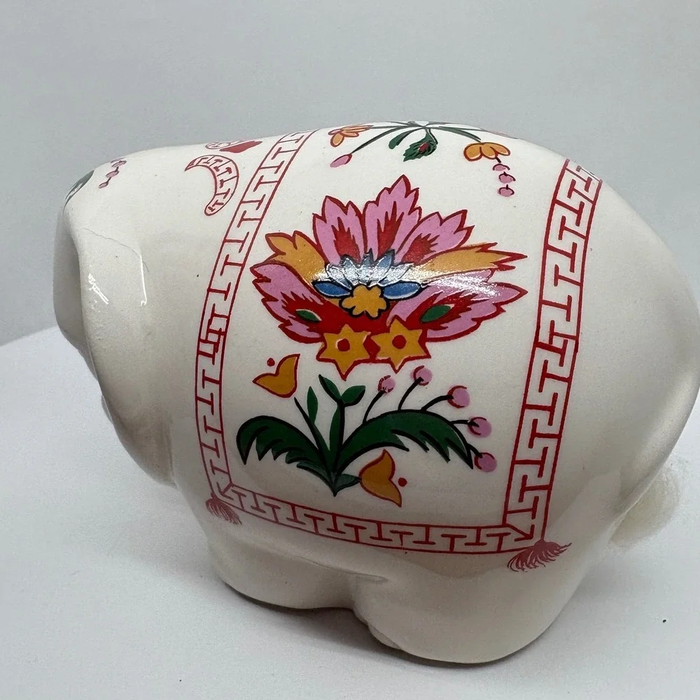 Prestige Place Ceramic Elephant Figurine White Floral Greek Key Border 4 Inch
